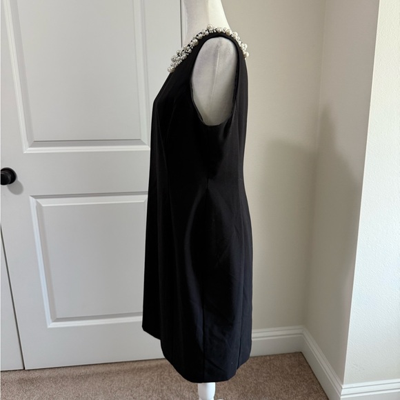 Ellen Tracy Black Shift Dress w/ Pearl Embellished Neckline | 14P Petite - Picture 4 of 13